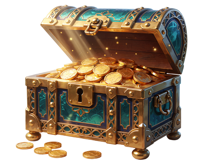 Otwarta skrzynia skarb&oacute;w pełna złotych monet ilustrująca dodatki z pakietu powitalnego Millioner Casino