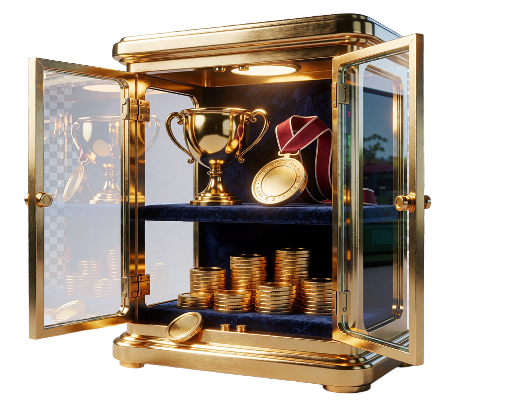 Złota witryna z trofeum, medalem i stosami żeton&oacute;w - nagrody w Coins Shop Millioner Casino