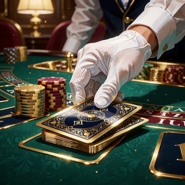 Dłoń krupiera w rękawiczce przesuwająca dwie karty po zielonym stole obok żeton&oacute;w - blackjack w live casino