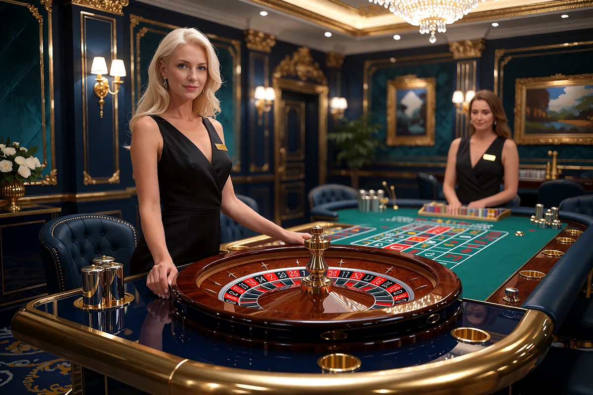 Krupierka przy stole do ruletki na żywo w eleganckim salonie - podgląd sekcji live casino Millioner Casino