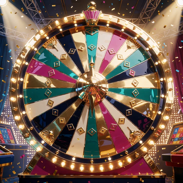 Wielkie kolorowe koło fortuny otoczone żar&oacute;wkami na scenie z konfetti - teleturniej game show na żywo