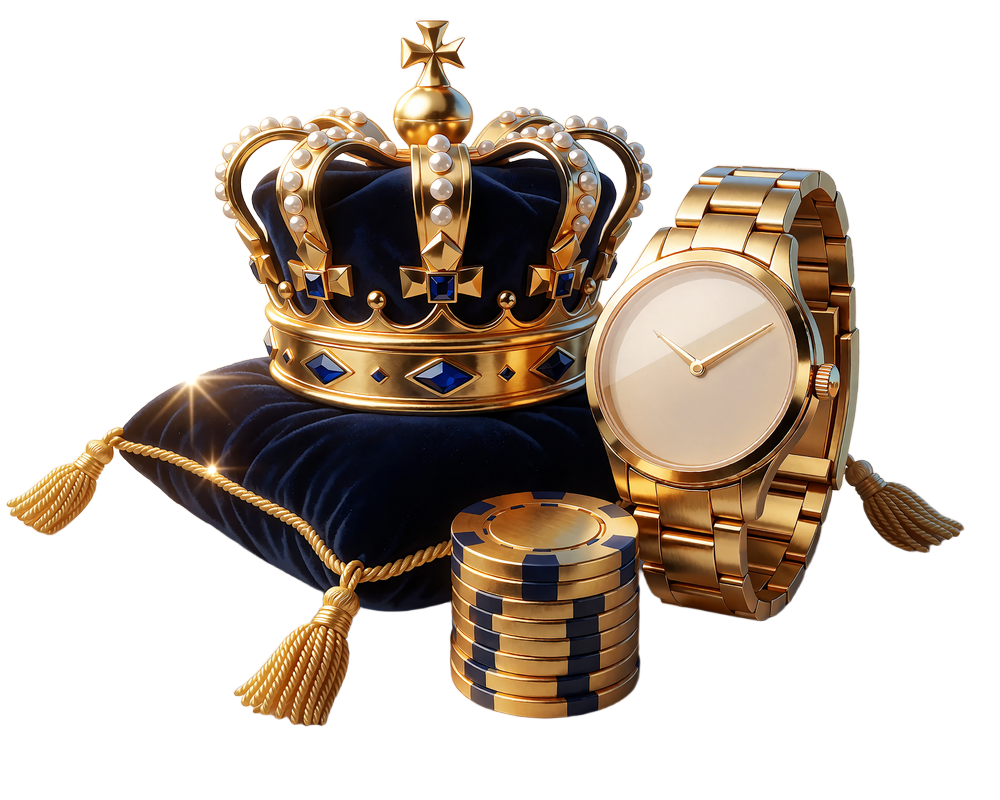 Złota korona na granatowej poduszce, złoty zegarek i stos żeton&oacute;w - symbole luksusowego stylu programu VIP Millioner Casino