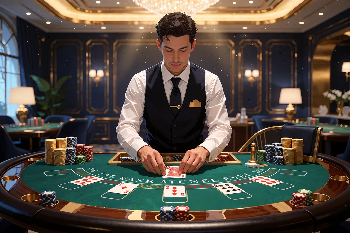 Krupier w białej koszuli i czarnej kamizelce rozdaje karty przy zielonym stole do blackjacka w eleganckim salonie live casino
